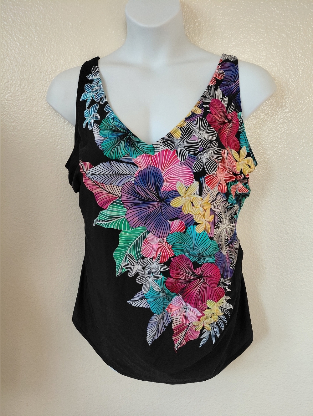 SWIMSUIT FOR ALL- Women's Floral 22 V-Neck Black Tank Top with Multicolor Print